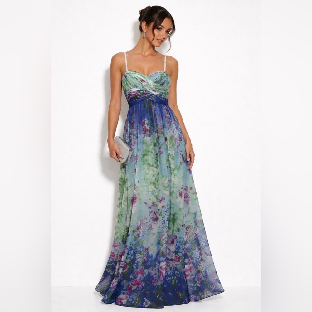 Aidan Mattox Printed Chiffon sweetheart Maxi Dress Gown Cocktail Formal Silk  12